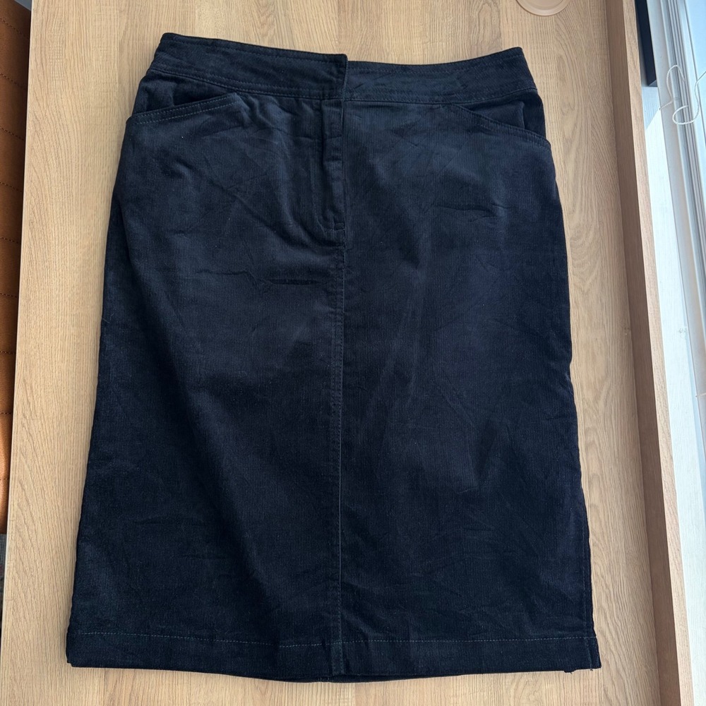 Black Corduroy Straight Pencil Skirt with Side Slit and Pockets